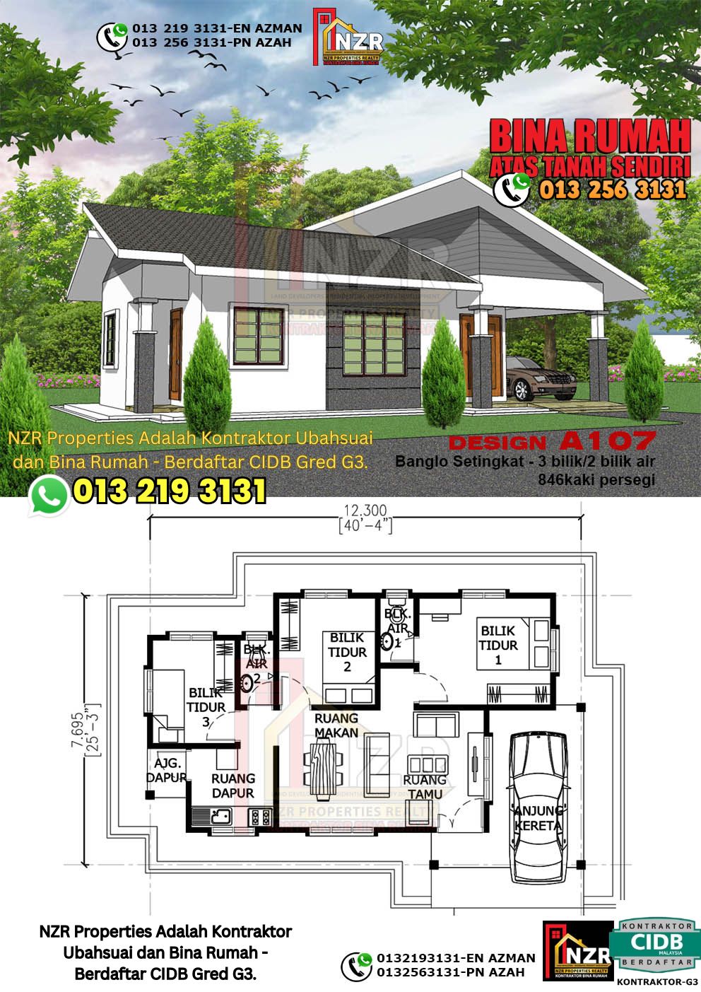 Design 1-Kod A107-Banglo Setingkat - 3 Bilik &2 Bilik Air-Size Rumah 846kps