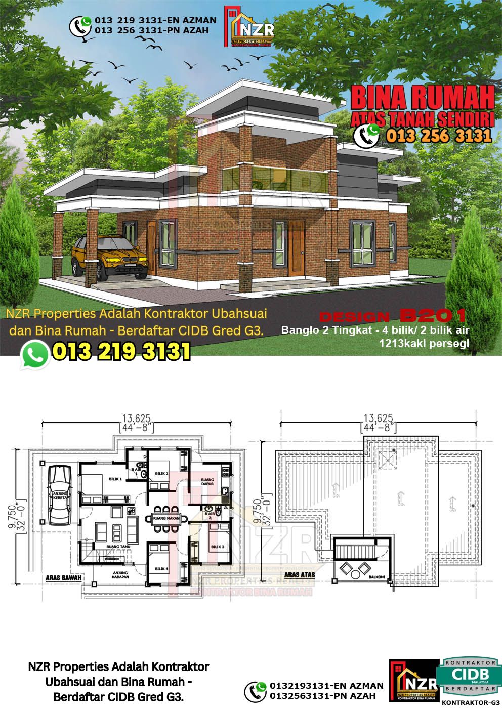 Design 1-Kod B201-Design Rumah Dua Tingkat -4Bilik &2Bilik Air-Size Rumah 1213kps