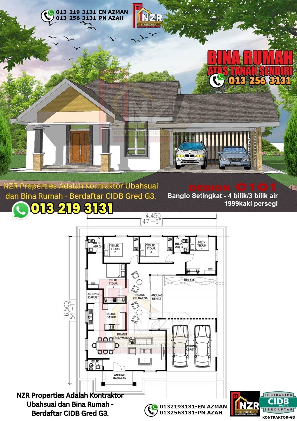 Design 1-Kod C101-Banglo Setingkat - 4Bilik &3 Bilik Air-Size Rumah 1999kps