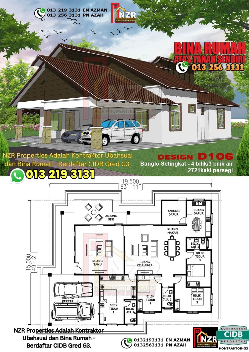 Design 1-Kod D106-Banglo Setingkat - 4Bilik &3 Bilik Air-Size Rumah 2721kps