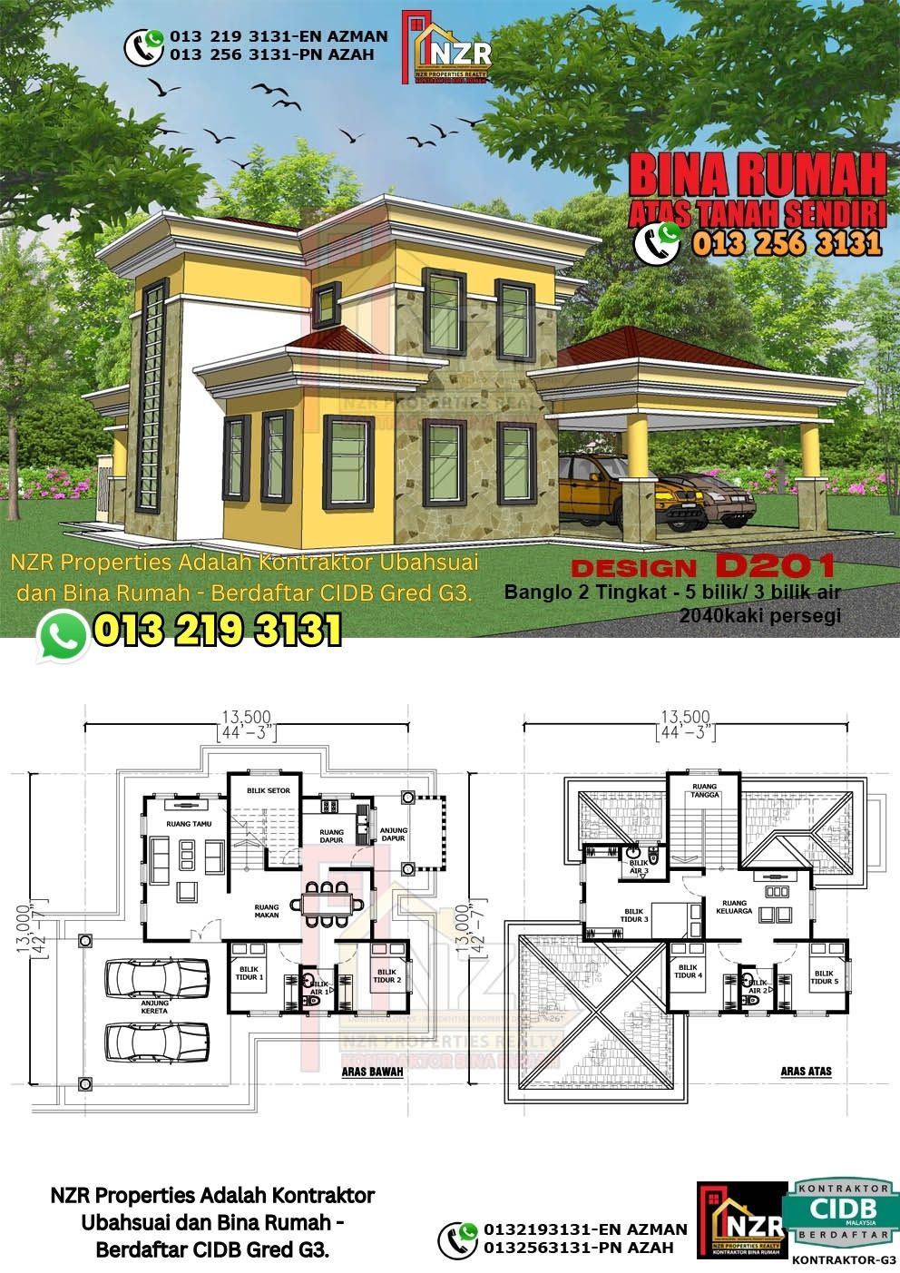 Design 1-Kod D201-Design Rumah Dua Tingkat -5 Bilik & 3Bilik Air-Size Rumah 2040kps