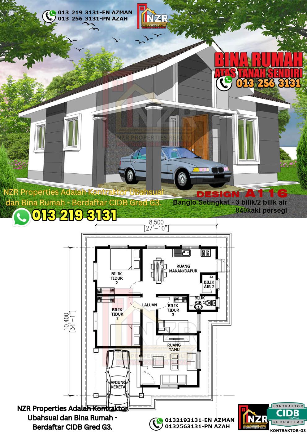 Design 10-Kod A116-Banglo Setingkat - 3 Bilik &2 Bilik Air-Size Rumah 840kps