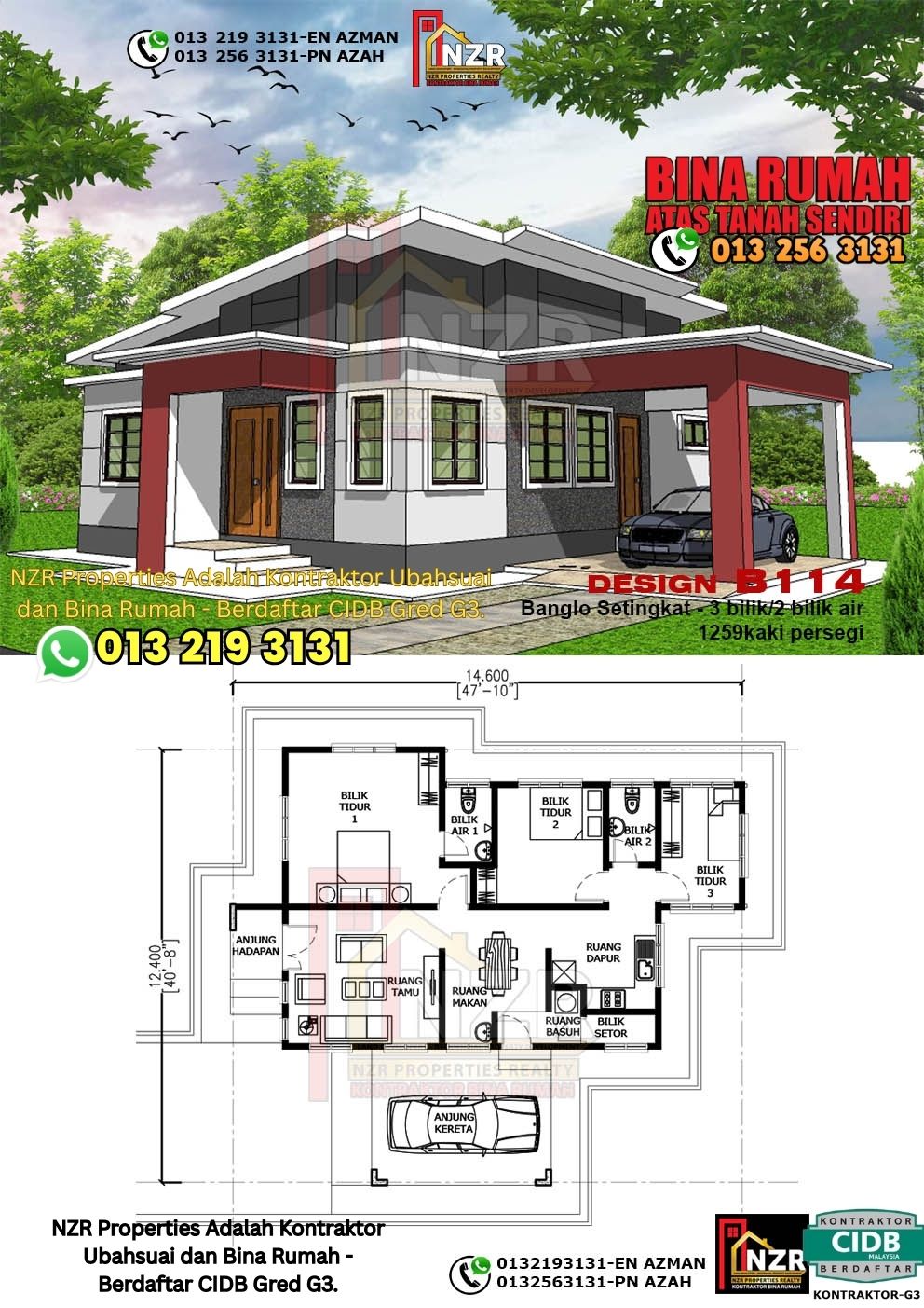 Design 10-Kod B114-Banglo Setingkat -3 Bilik &2 Bilik Air-Size Rumah 1259kps