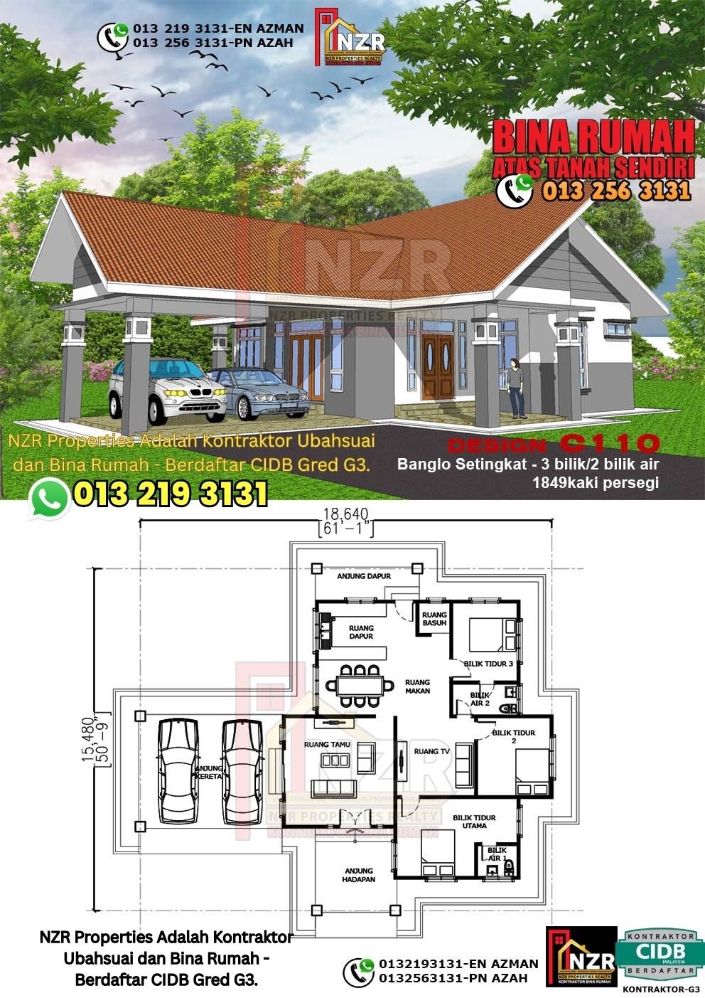 Design10 -Kod C110-Banglo Setingkat - 3Bilik &2 Bilik Air-Size Rumah 1849kps