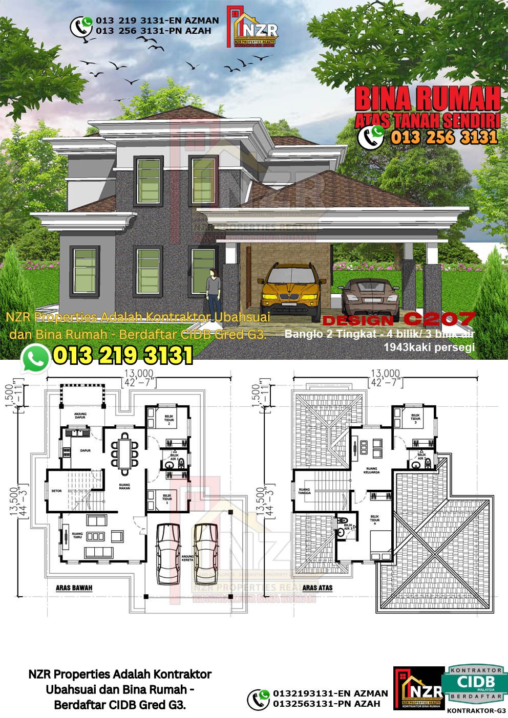 Design 11-Kod C207-Design Rumah Dua Tingkat -4Bilik &3Bilik Air-Size Rumah 1943kps