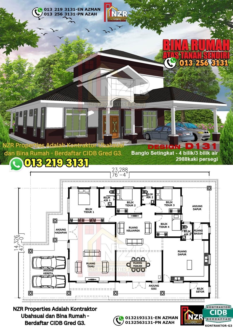 Design10 -Kod D131-Banglo Setingkat - 4Bilik &3 Bilik Air-Size Rumah 2988kps