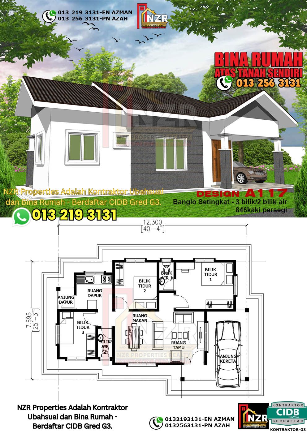 Design 11-Kod A117-Banglo Setingkat - 3 Bilik &2 Bilik Air-Size Rumah 846kps