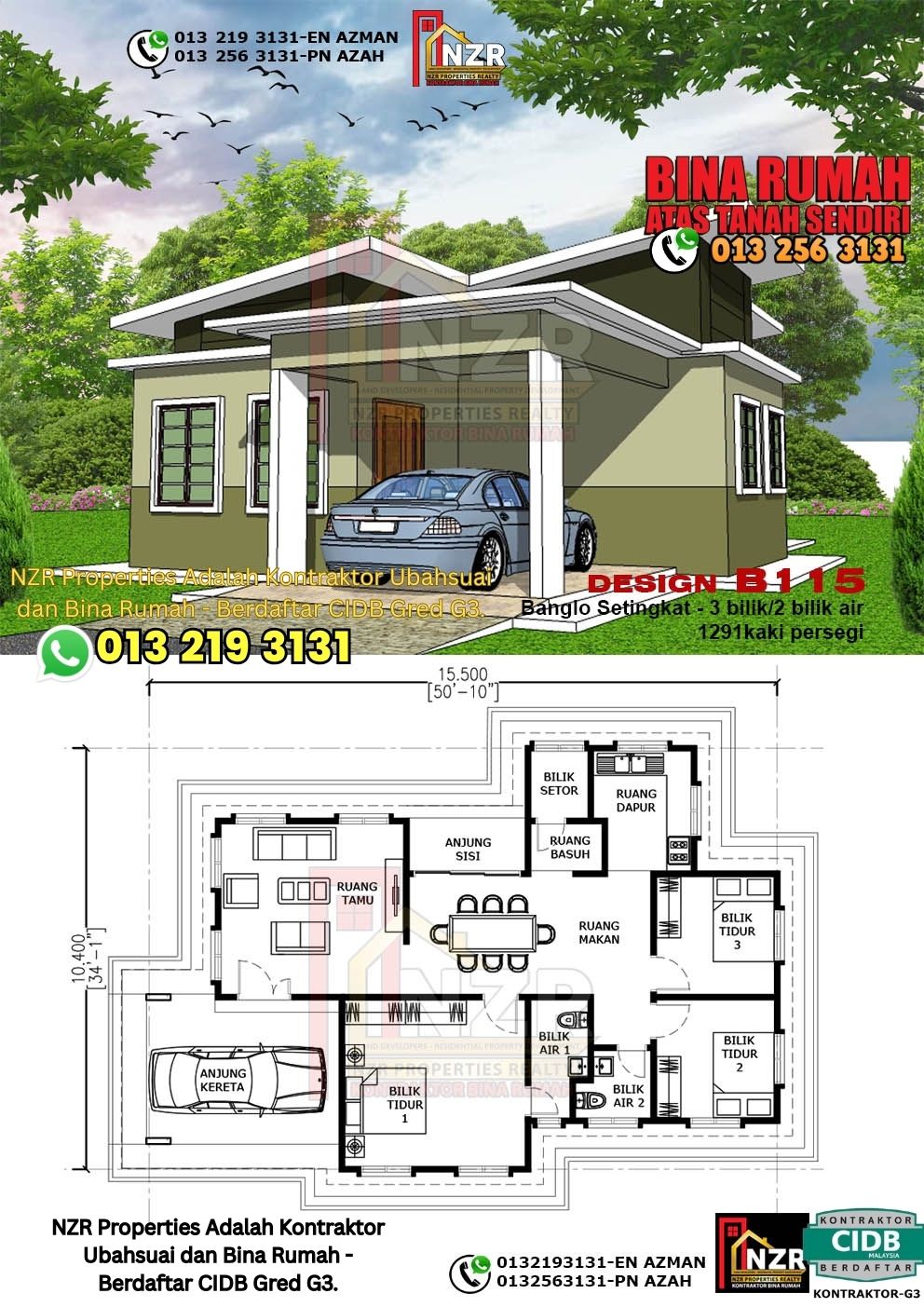 Design 11-Kod B115-Banglo Setingkat -3 Bilik &2 Bilik Air-Size Rumah 1291kps