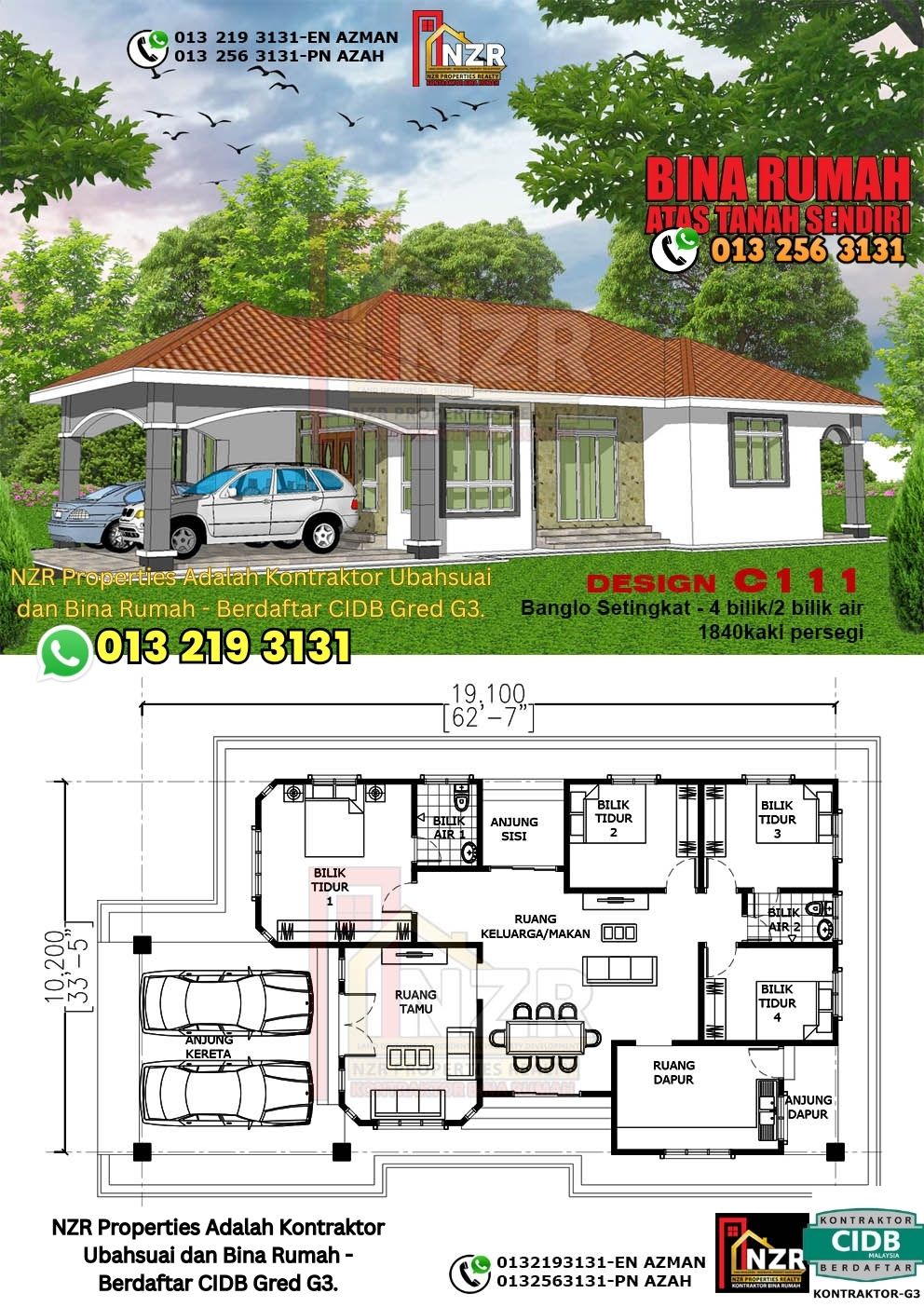 Design 11-Kod C111-Banglo Setingkat - 4Bilik &2 Bilik Air-Size Rumah 1840kps