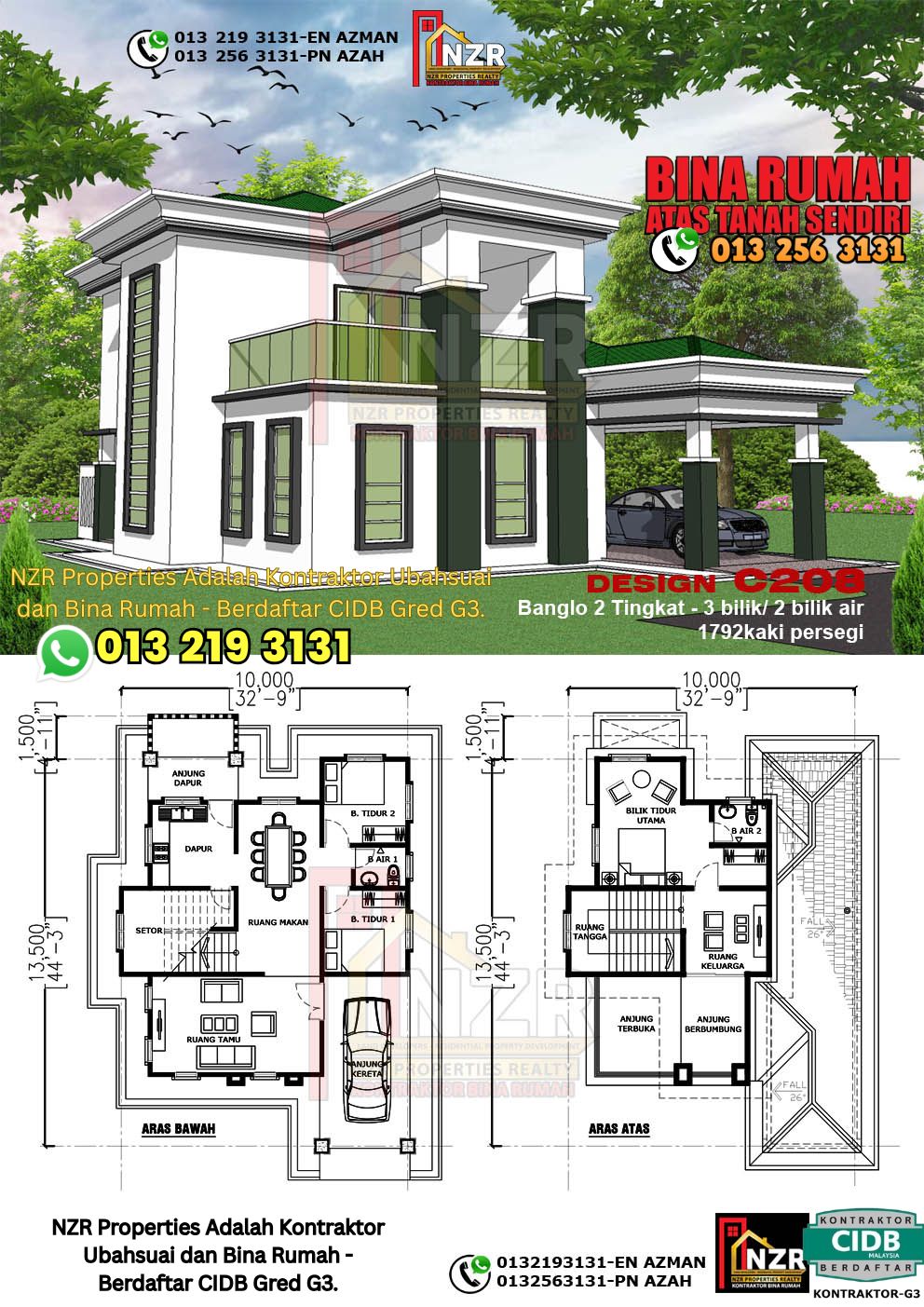 Design 12-Kod C208-Design Rumah Dua Tingkat -3Bilik &2Bilik Air-Size Rumah 1792kps