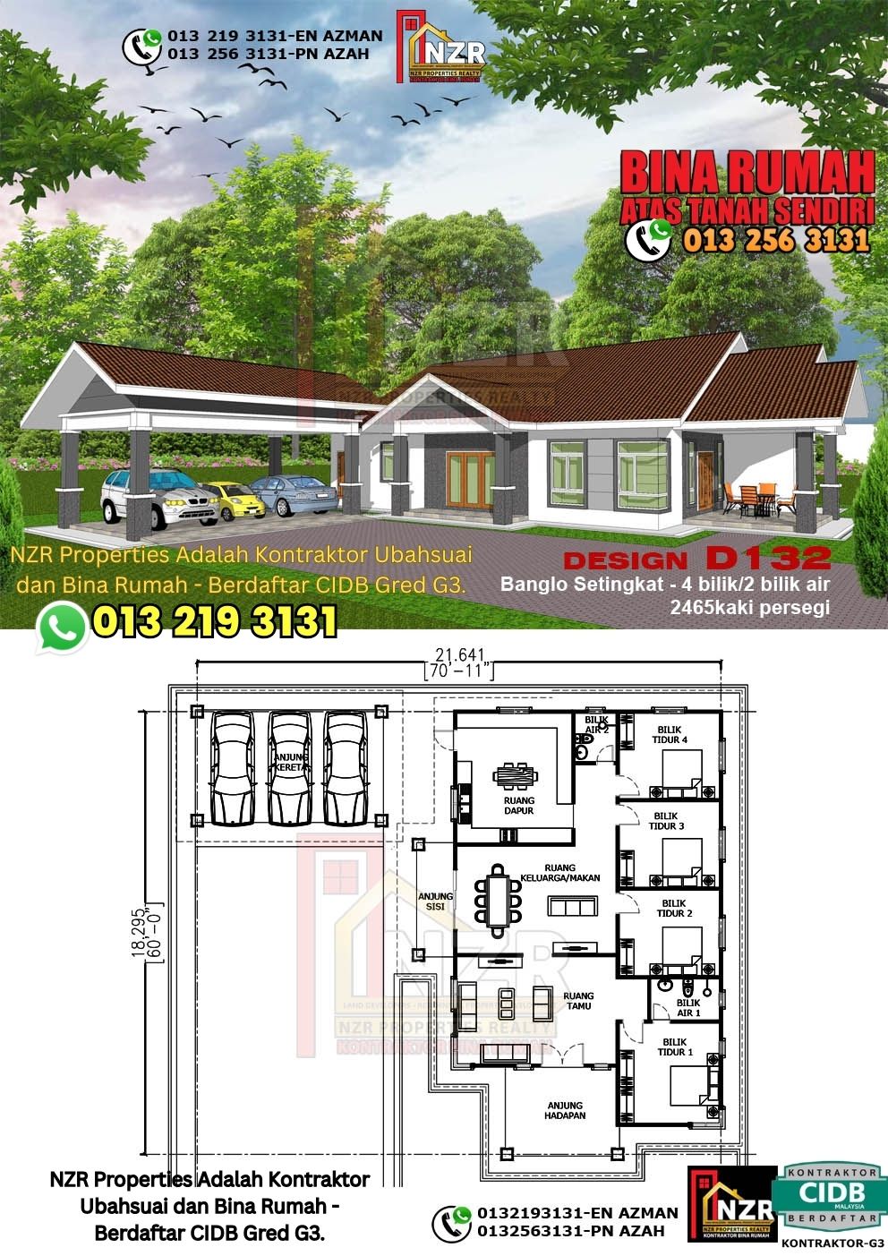 Design 11-Kod D132-Banglo Setingkat - 4Bilik &2 Bilik Air-Size Rumah 2465kps