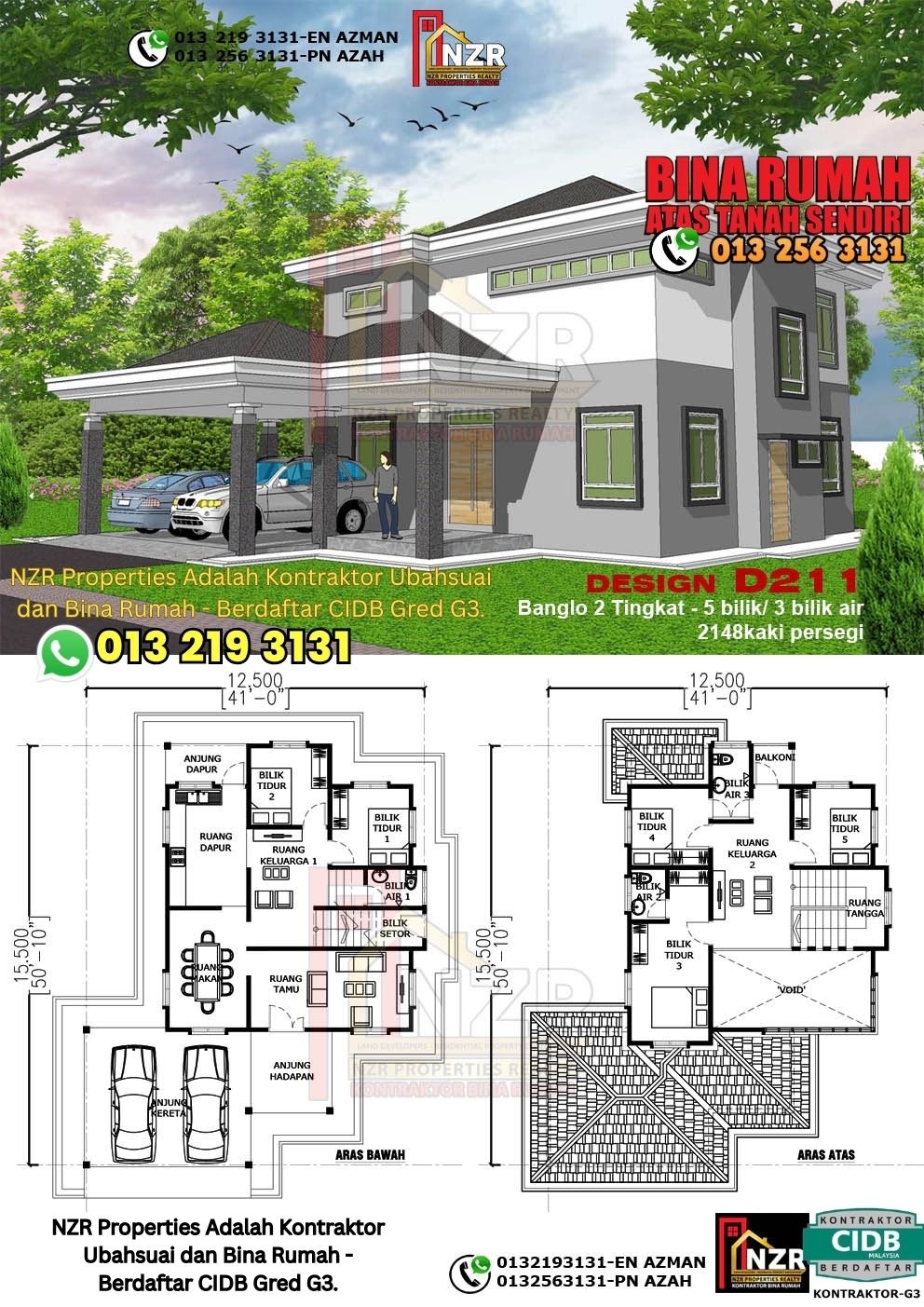 Design 11-Kod D211-Design Rumah Dua Tingkat -5 Bilik & 3 Bilik Air-Size Rumah 2148kps