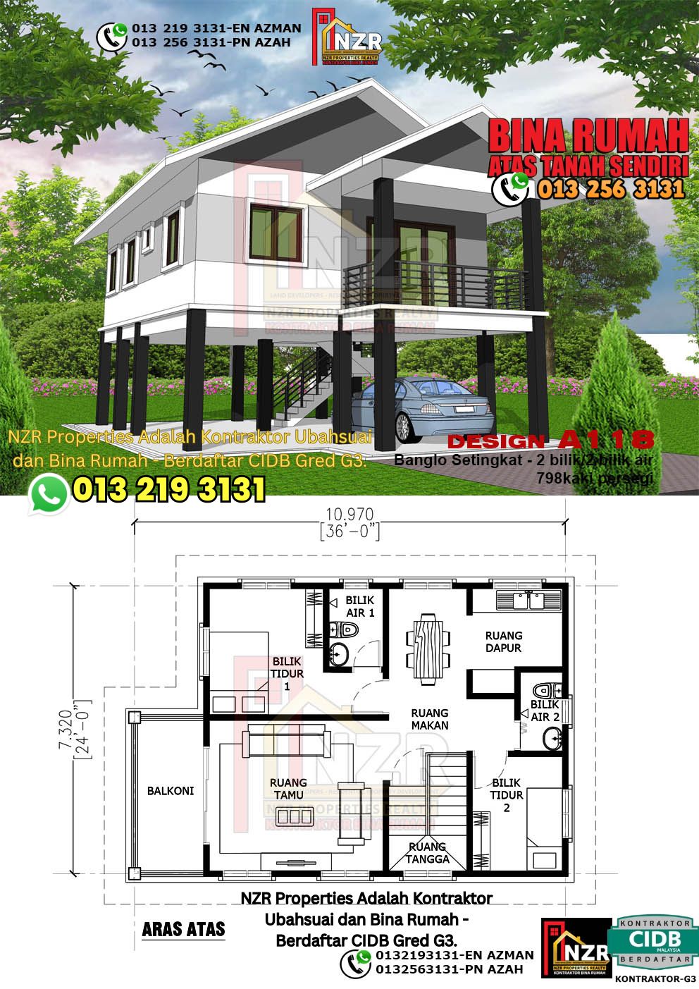 Design 12-Kod A118-Banglo Setingkat - 2 Bilik &2 Bilik Air-Size Rumah 798kps