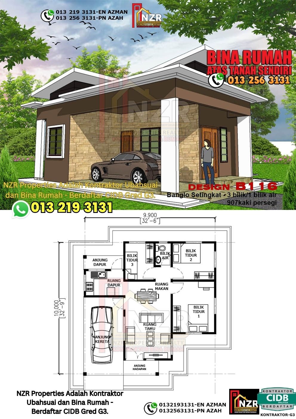 Design 12-Kod B116-Banglo Setingkat -3 Bilik &1 Bilik Air-Size Rumah 907kps