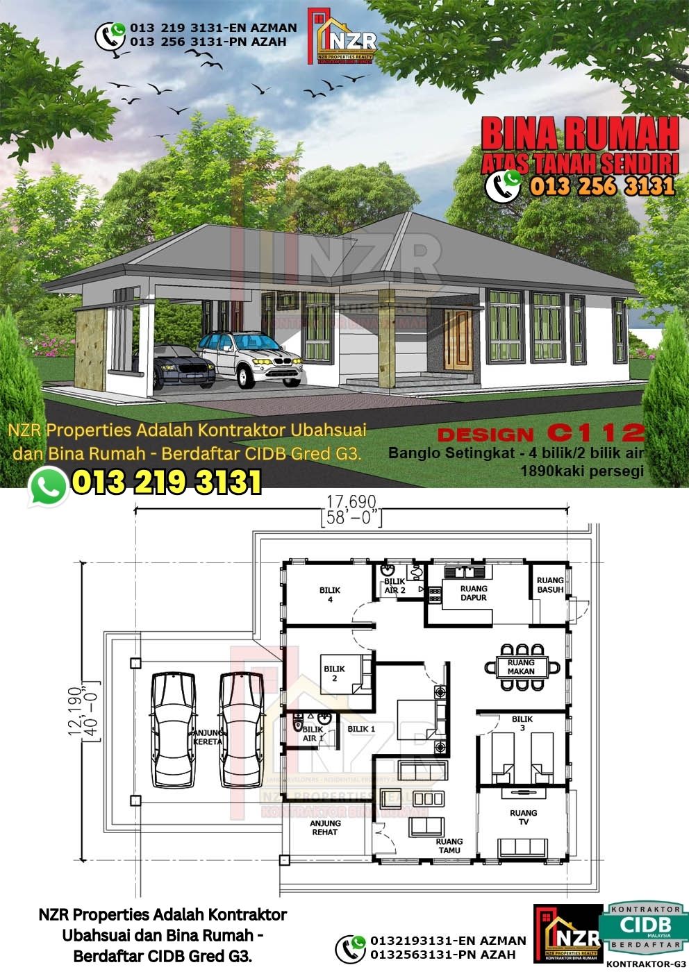 Design 12-Kod C112-Banglo Setingkat - 4Bilik &2 Bilik Air-Size Rumah 1890kps