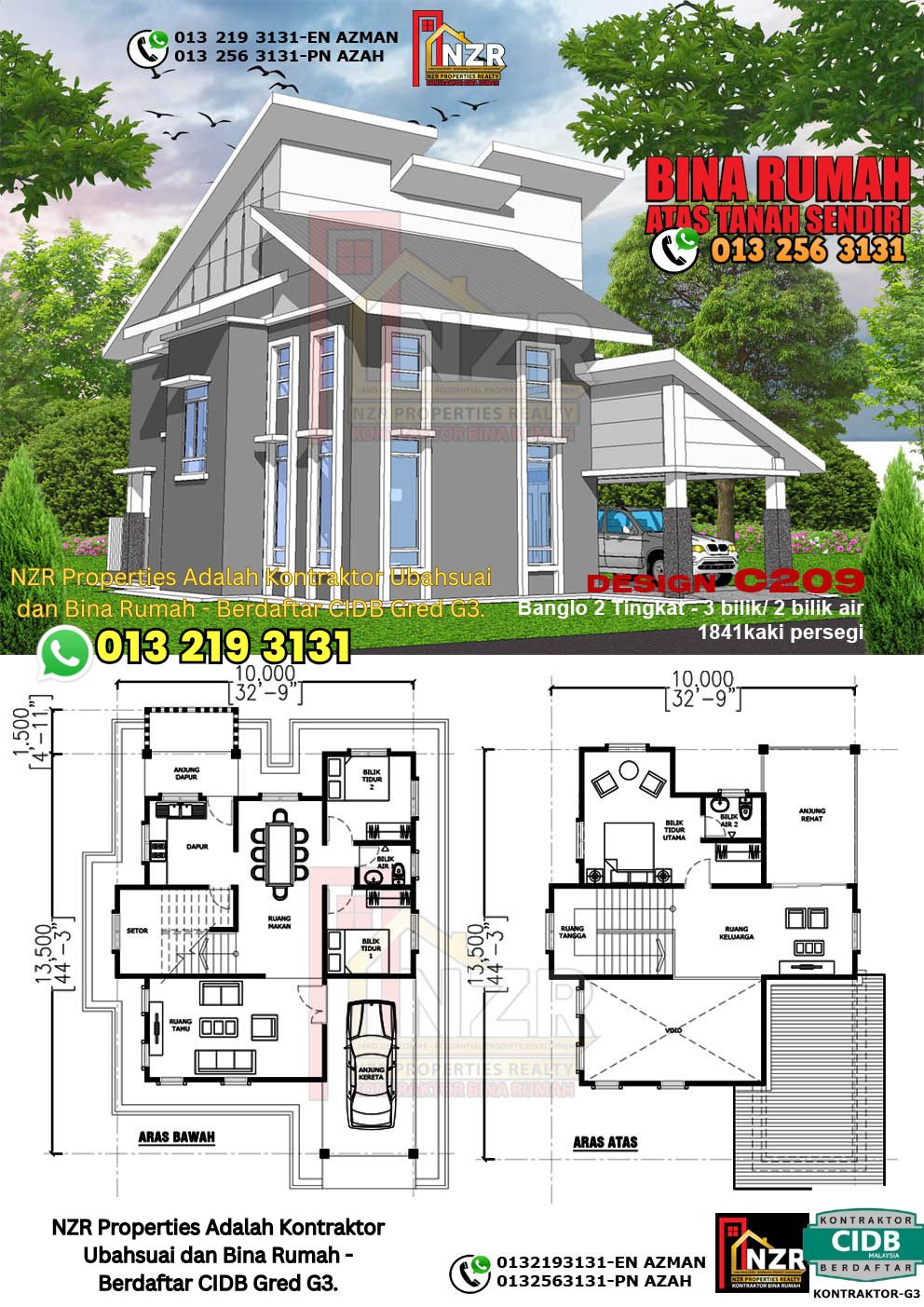Design 13-Kod C209-Design Rumah Dua Tingkat -3Bilik &2Bilik Air-Size Rumah 1841kps