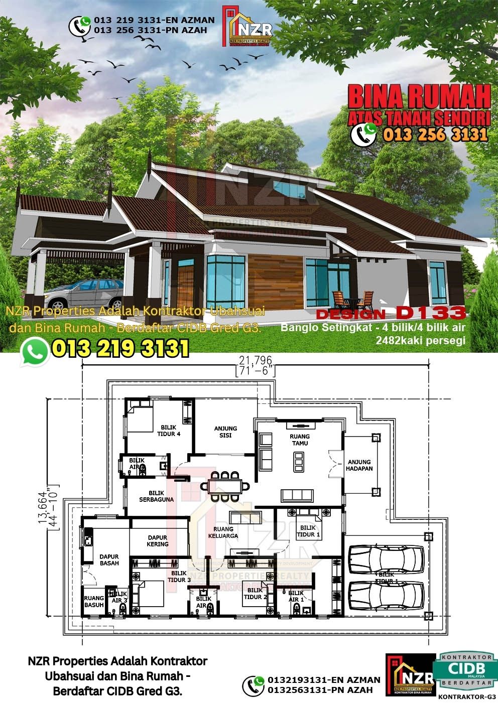 Design 12-Kod D133-Banglo Setingkat - 4Bilik &4 Bilik Air-Size Rumah 2482kps