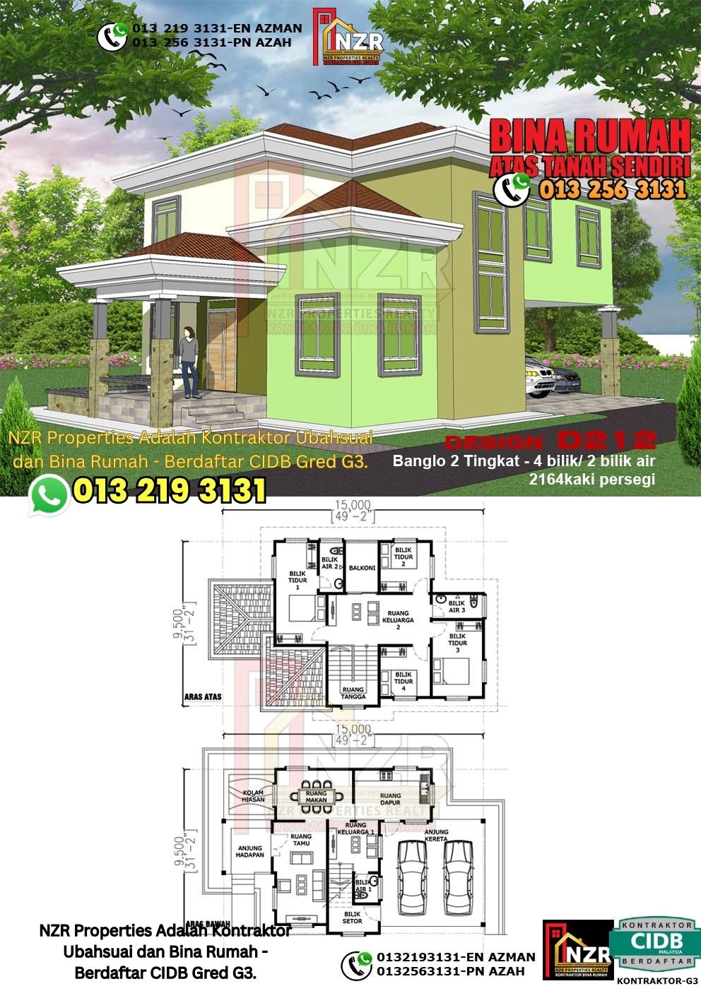 Design 12-Kod D212-Design Rumah Dua Tingkat -4Bilik &2Bilik Air-Size Rumah 2164kps