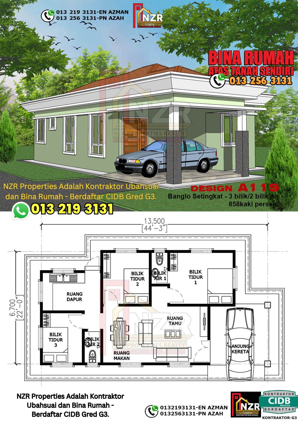 Design 13-Kod A119-Banglo Setingkat - 3 Bilik &2 Bilik Air-Size Rumah 858kps