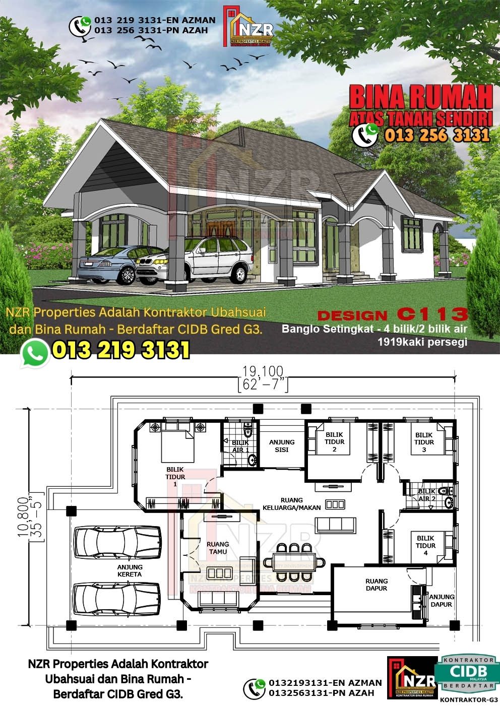 Design 13-Kod C113-Banglo Setingkat - 4Bilik &2 Bilik Air-Size Rumah 1919kps