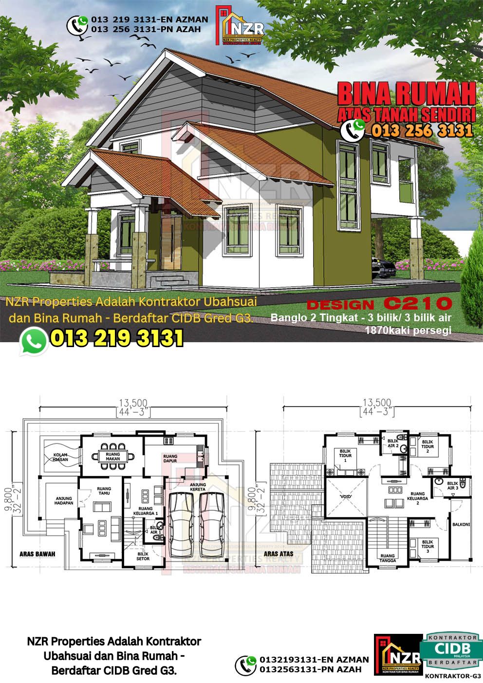 Design 14-Kod C210-Design Rumah Dua Tingkat -3Bilik &3Bilik Air-Size Rumah 1870kps