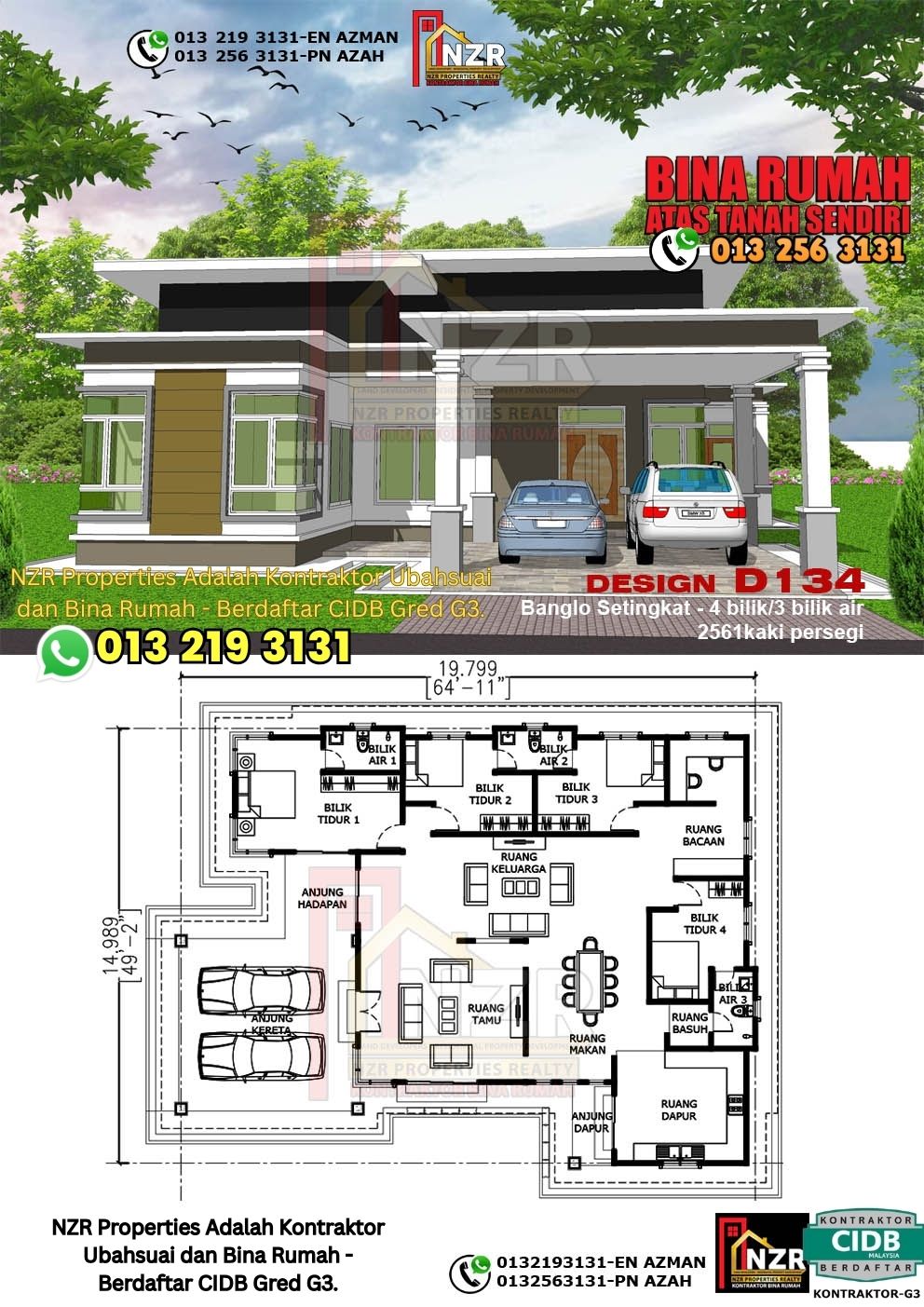 Design 13-Kod D134-Banglo Setingkat - 4Bilik &3 Bilik Air-Size Rumah 2561kps