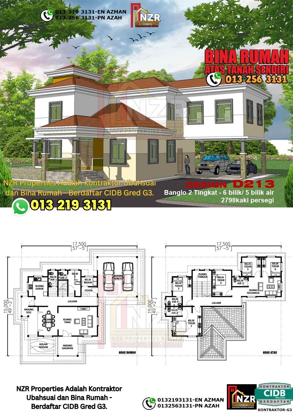 Design 13-Kod D213-Design Rumah Dua Tingkat -6 Bilik & 5 Bilik Air-Size Rumah 2798kps