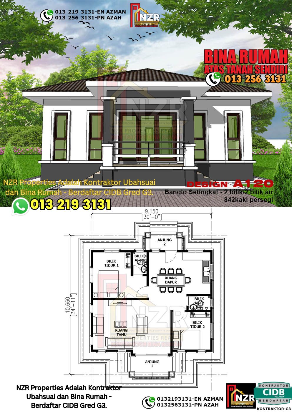 Design 14-Kod A120-Banglo Setingkat - 2 Bilik &2 Bilik Air-Size Rumah 842kps