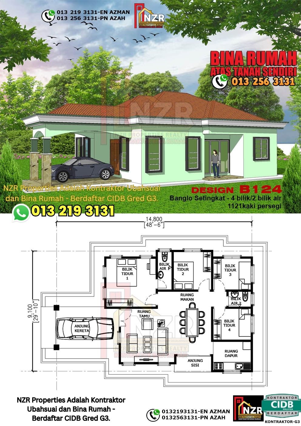 Design 13-Kod B124-Banglo Setingkat -4 Bilik &2 Bilik Air-Size Rumah 1121kps