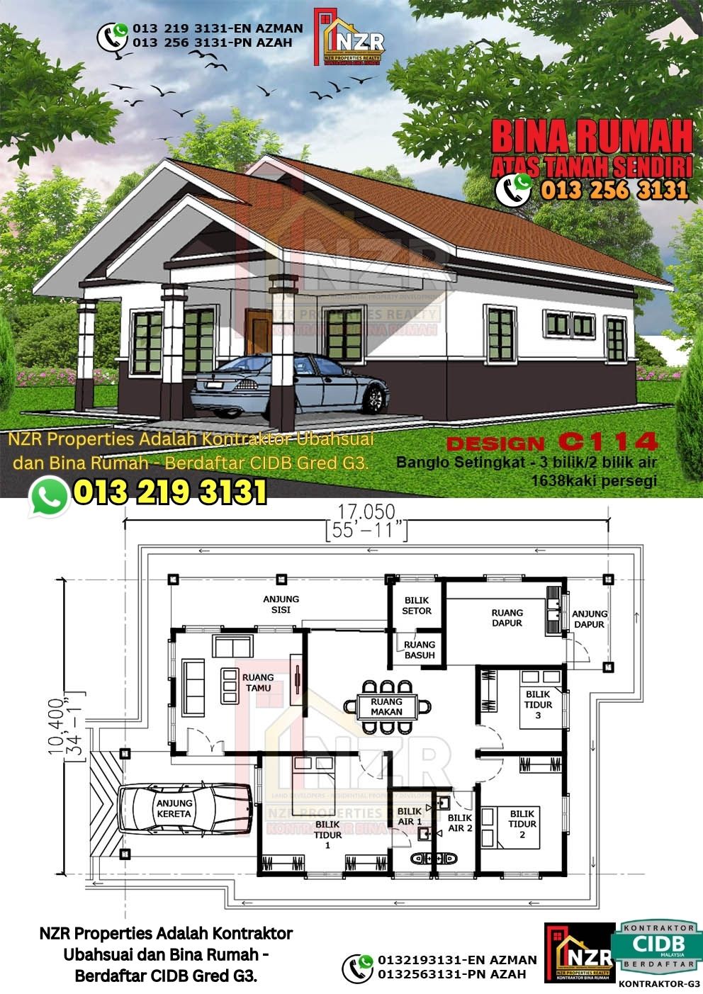 Design 14-Kod C114-Banglo Setingkat - 3Bilik &2 Bilik Air-Size Rumah 1638kps