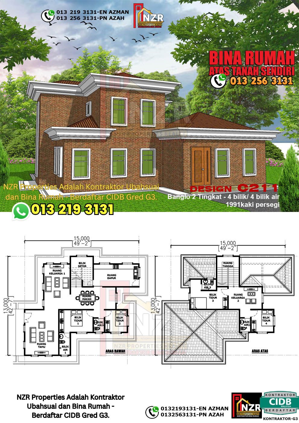 Design 15-Kod C211-Design Rumah Dua Tingkat -4Bilik &4Bilik Air-Size Rumah 1991kps