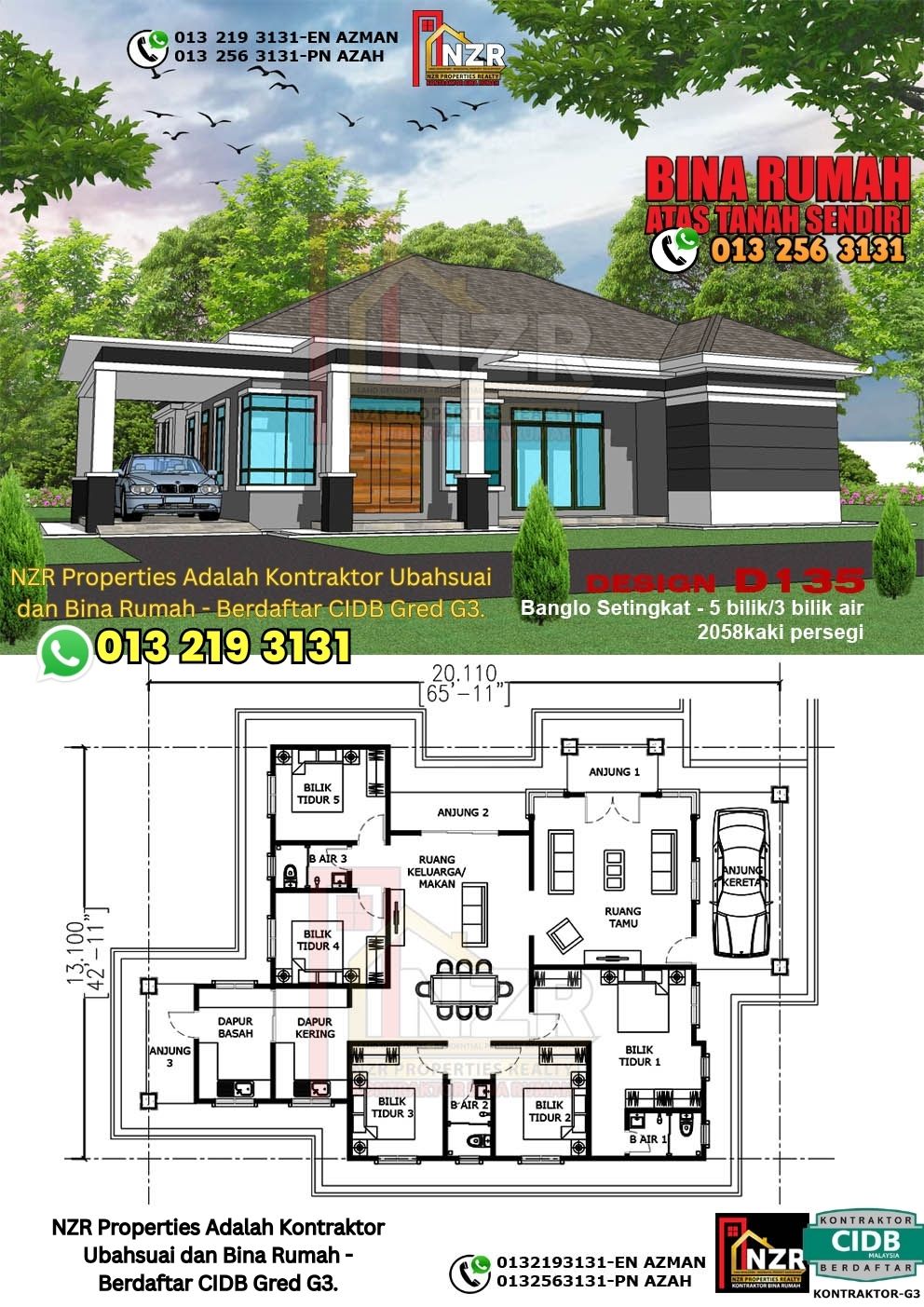 Design 14-Kod D135-Banglo Setingkat - 5Bilik &3 Bilik Air-Size Rumah 2058kps