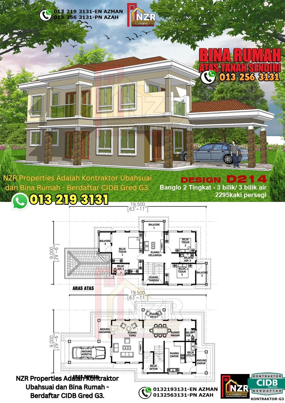 Design 14-Kod D214-Design Rumah Dua Tingkat -3 Bilik & 3 Bilik Air-Size Rumah 2295kps