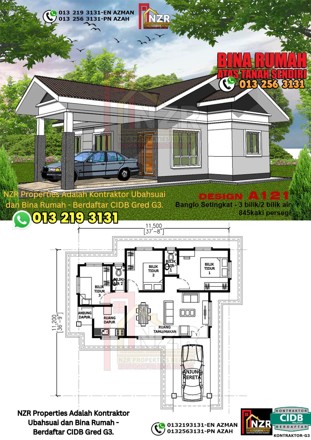 Design 15-Kod A121-Banglo Setingkat - 3 Bilik &2 Bilik Air-Size Rumah 845kps