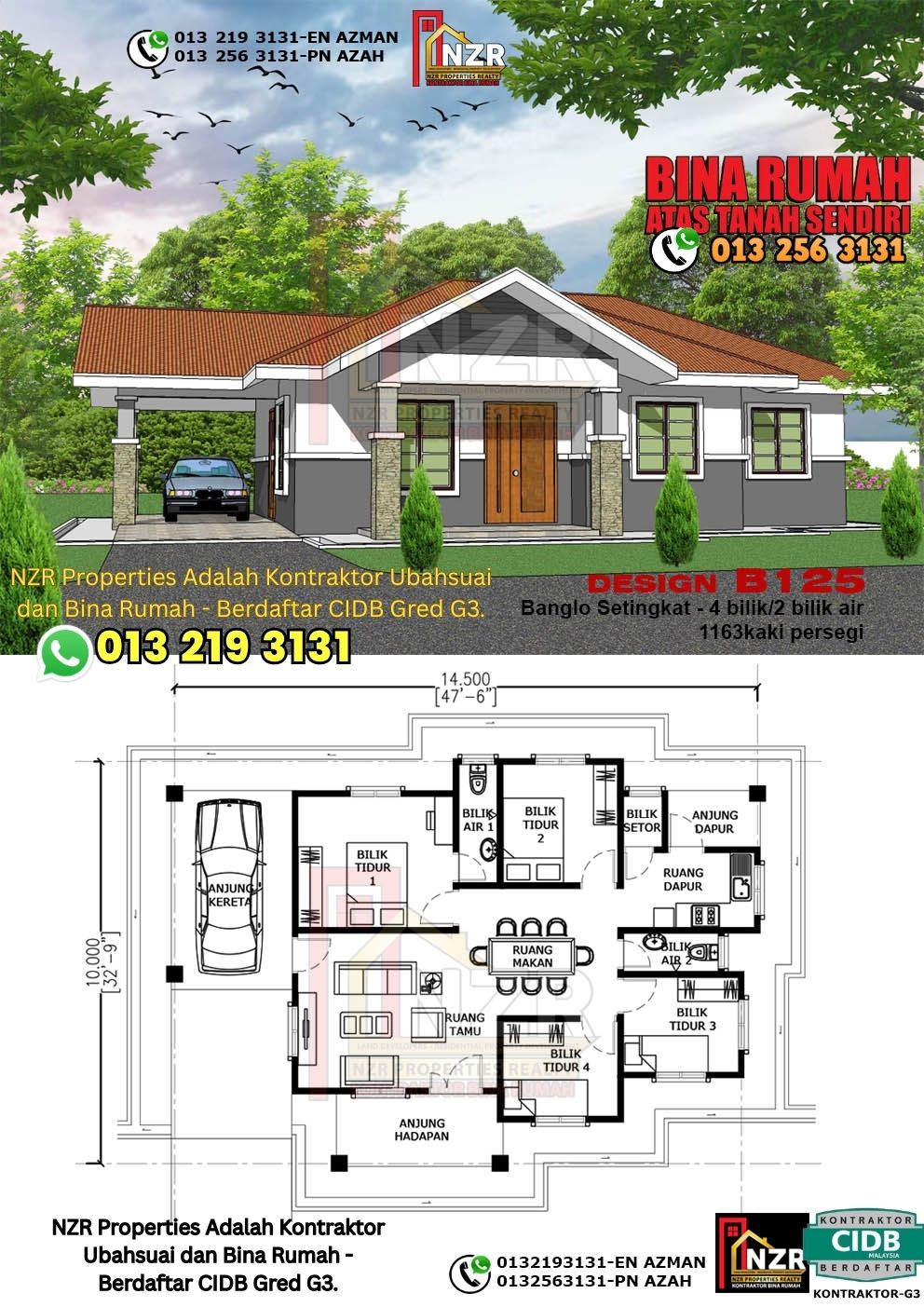 Design 14-Kod B125-Banglo Setingkat -4 Bilik &2 Bilik Air-Size Rumah 1163kps