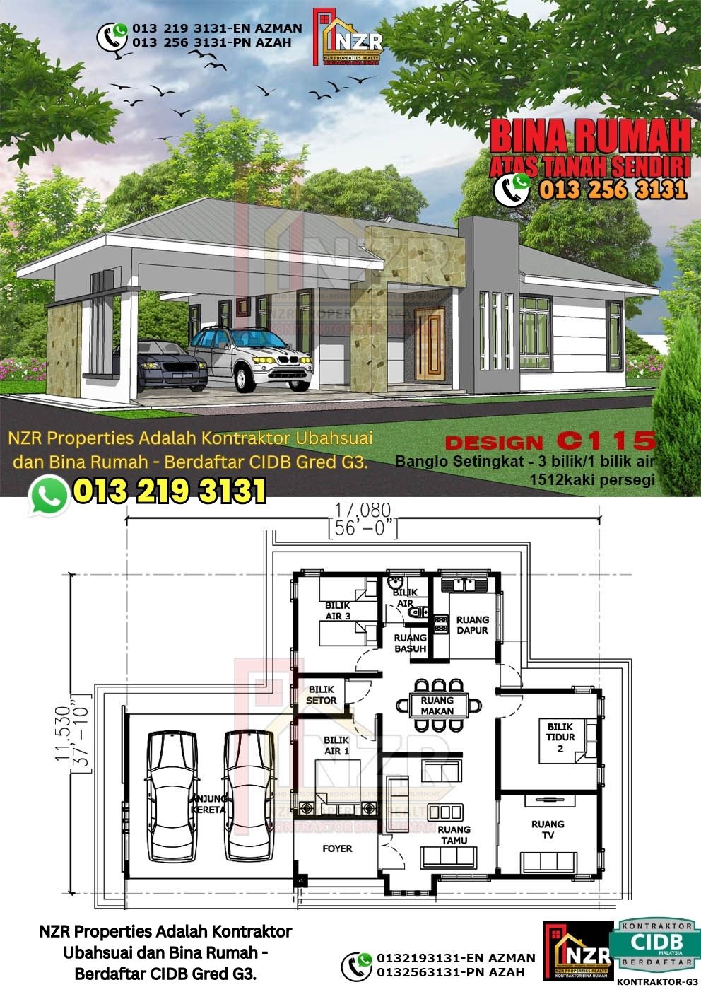 Design 15-Kod C115-Banglo Setingkat - 3Bilik &1 Bilik Air-Size Rumah 1512kps