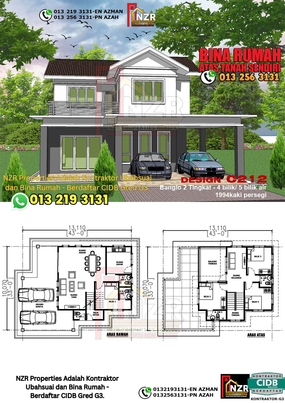 Design 16-Kod C212-Design Rumah Dua Tingkat -4Bilik & 5Bilik Air-Size Rumah 1994kps