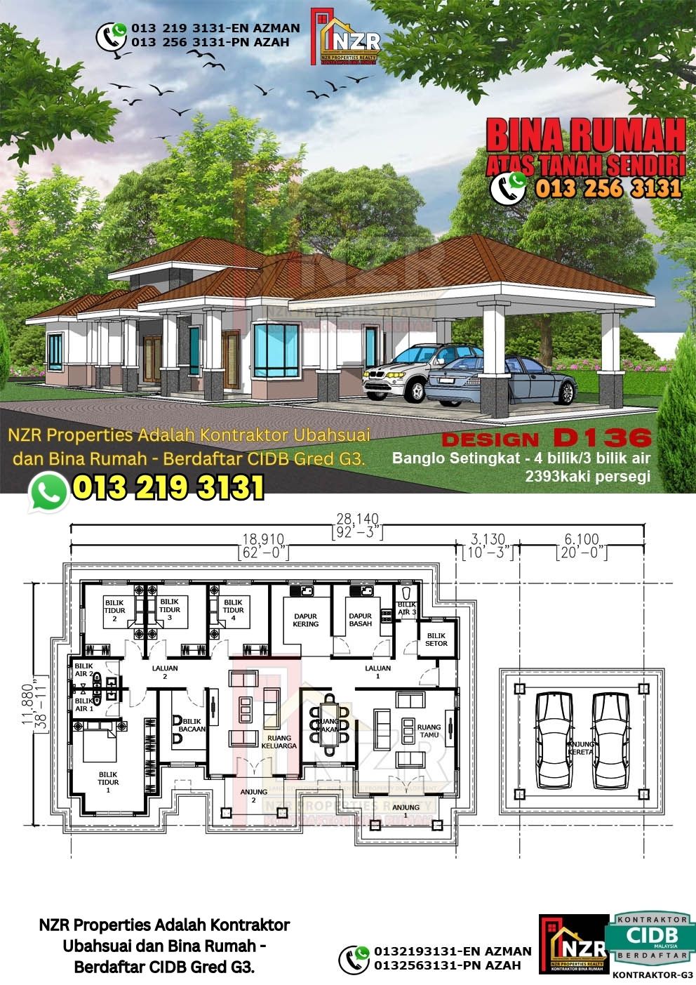 Design 15-Kod D136-Banglo Setingkat - 4Bilik &3 Bilik Air-Size Rumah 2393kps