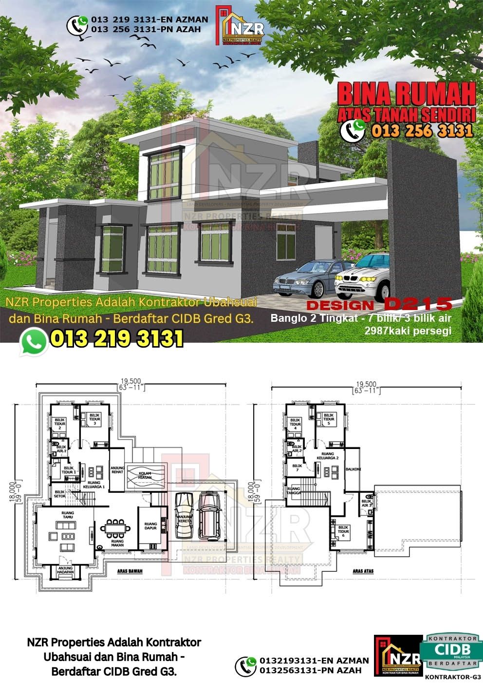 Design 15-Kod D215-Design Rumah Dua Tingkat -7 Bilik & 3 Bilik Air-Size Rumah 2987kps