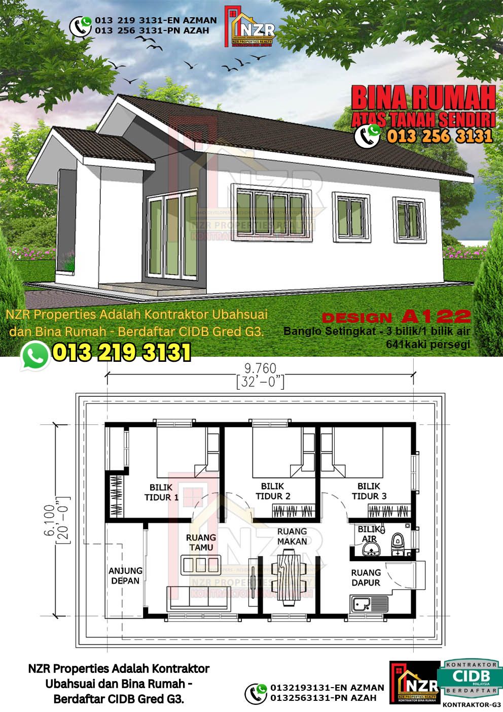 Design 16-Kod A122-Banglo Setingkat - 3 Bilik &1 Bilik Air-Size Rumah 641kps