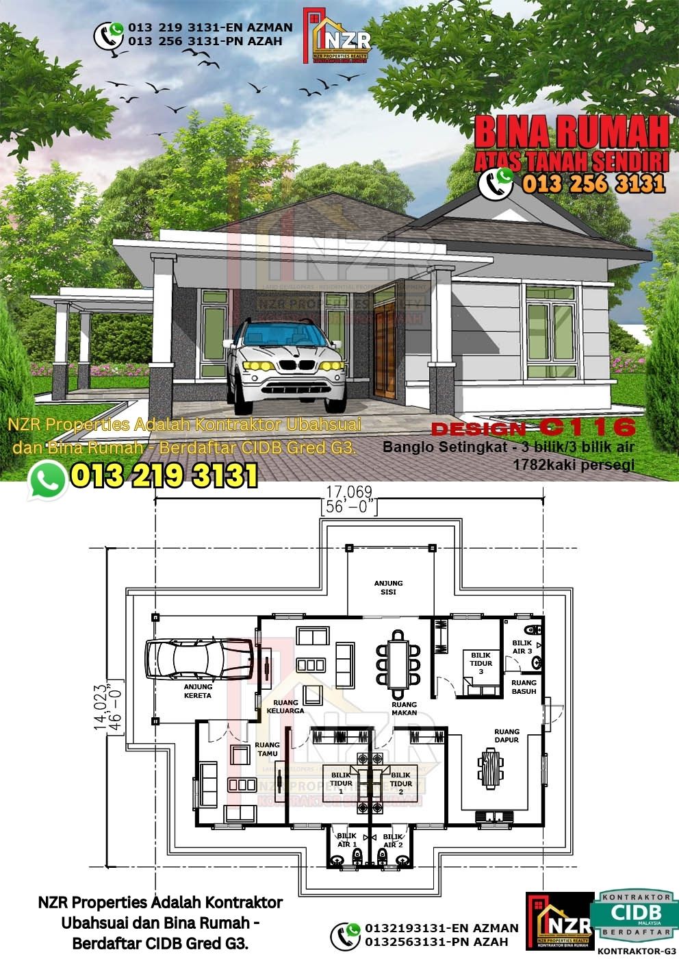 Design 16-Kod C116-Banglo Setingkat - 3Bilik &3 Bilik Air-Size Rumah 1782kps