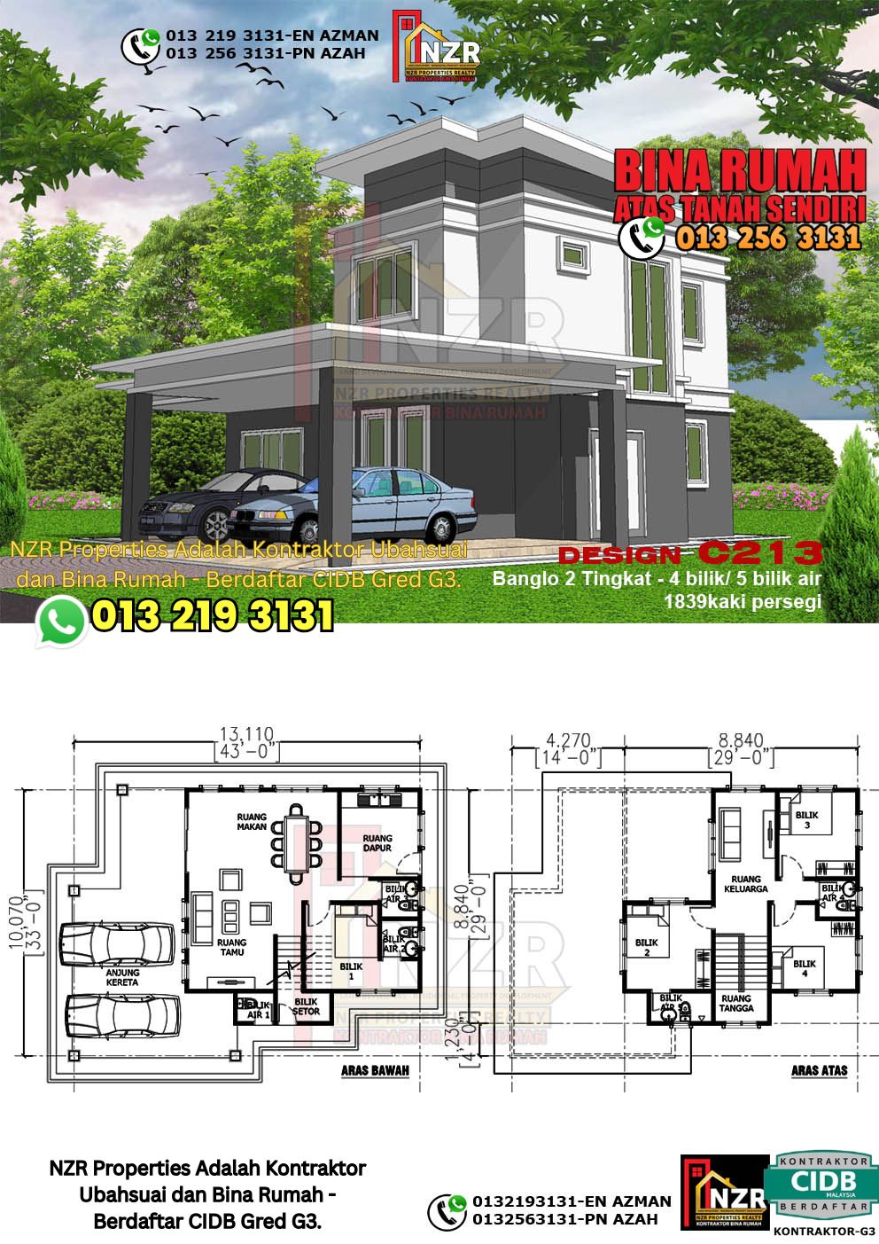 Design 17-Kod C213-Design Rumah Dua Tingkat -4Bilik & 5Bilik Air-Size Rumah 1839kps