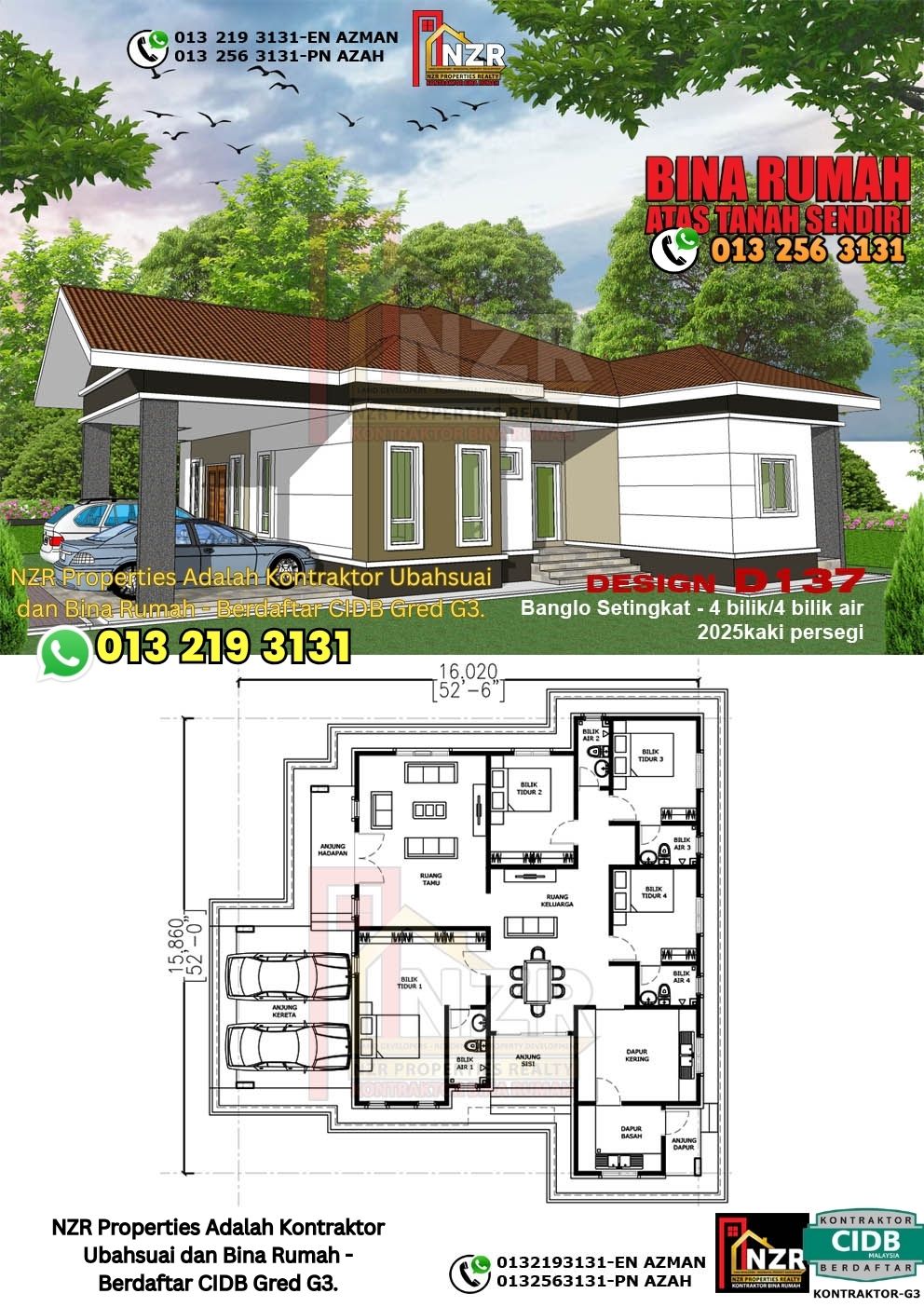 Design 16-Kod D137-Banglo Setingkat - 4Bilik &4 Bilik Air-Size Rumah 2025kps
