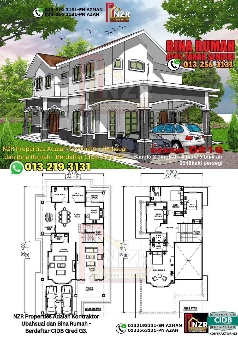 Design 16-Kod D216-Design Rumah Dua Tingkat -4 Bilik & 5 Bilik Air-Size Rumah 2948kps