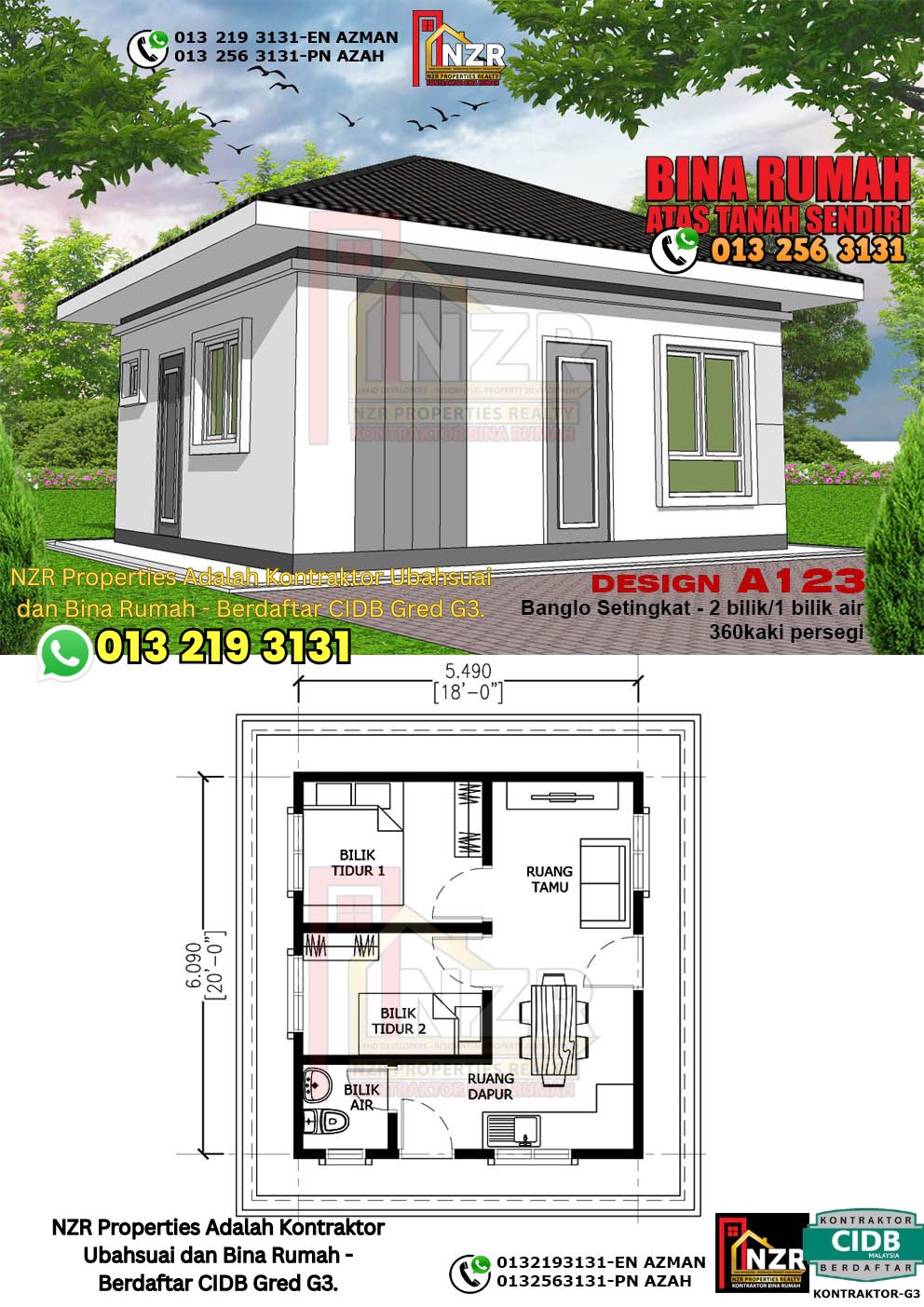 Design 17-Kod A123-Banglo Setingkat - 2 Bilik &1 Bilik Air-Size Rumah 360kps