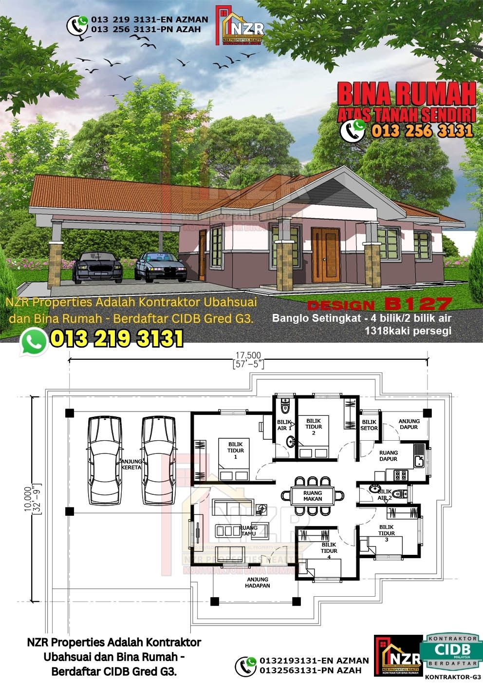 Design 16-Kod B127-Banglo Setingkat -4 Bilik &2 Bilik Air-Size Rumah 1318kps
