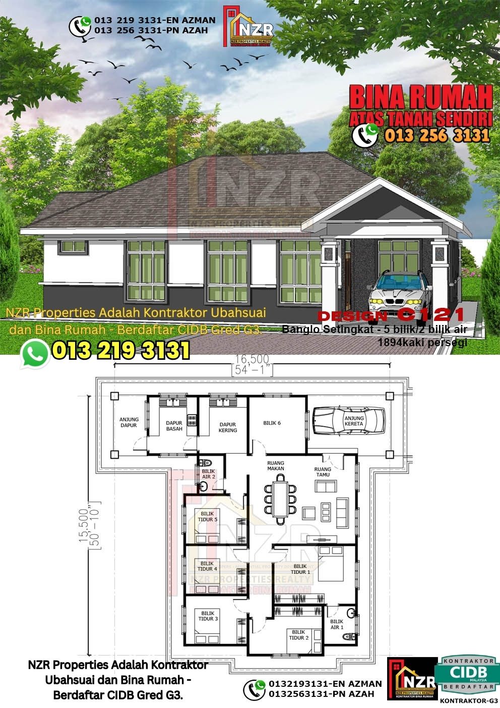 Design 17-Kod C121-Banglo Setingkat - 5Bilik &2 Bilik Air-Size Rumah 1894kps