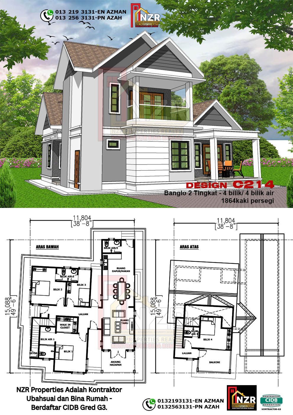 Design 18-Kod C214-Design Dua Tingkat 4Bilik &4 Bilik Air-Size Rumah 1864kps