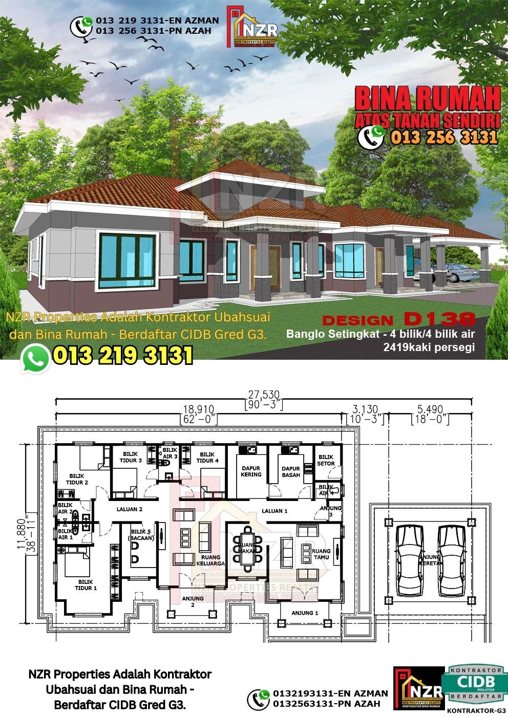 Design 17-Kod D138-Banglo Setingkat - 4Bilik &4 Bilik Air-Size Rumah 2419kps