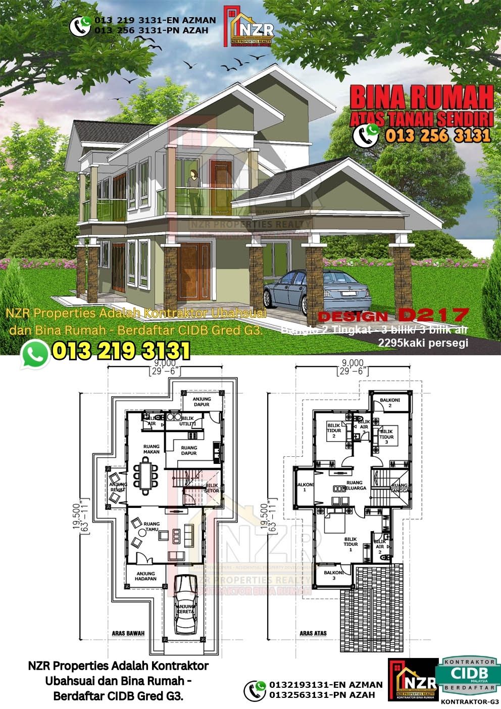 Design 17-Kod D217-Design Rumah Dua Tingkat -3 Bilik & 3 Bilik Air-Size Rumah 2295kps